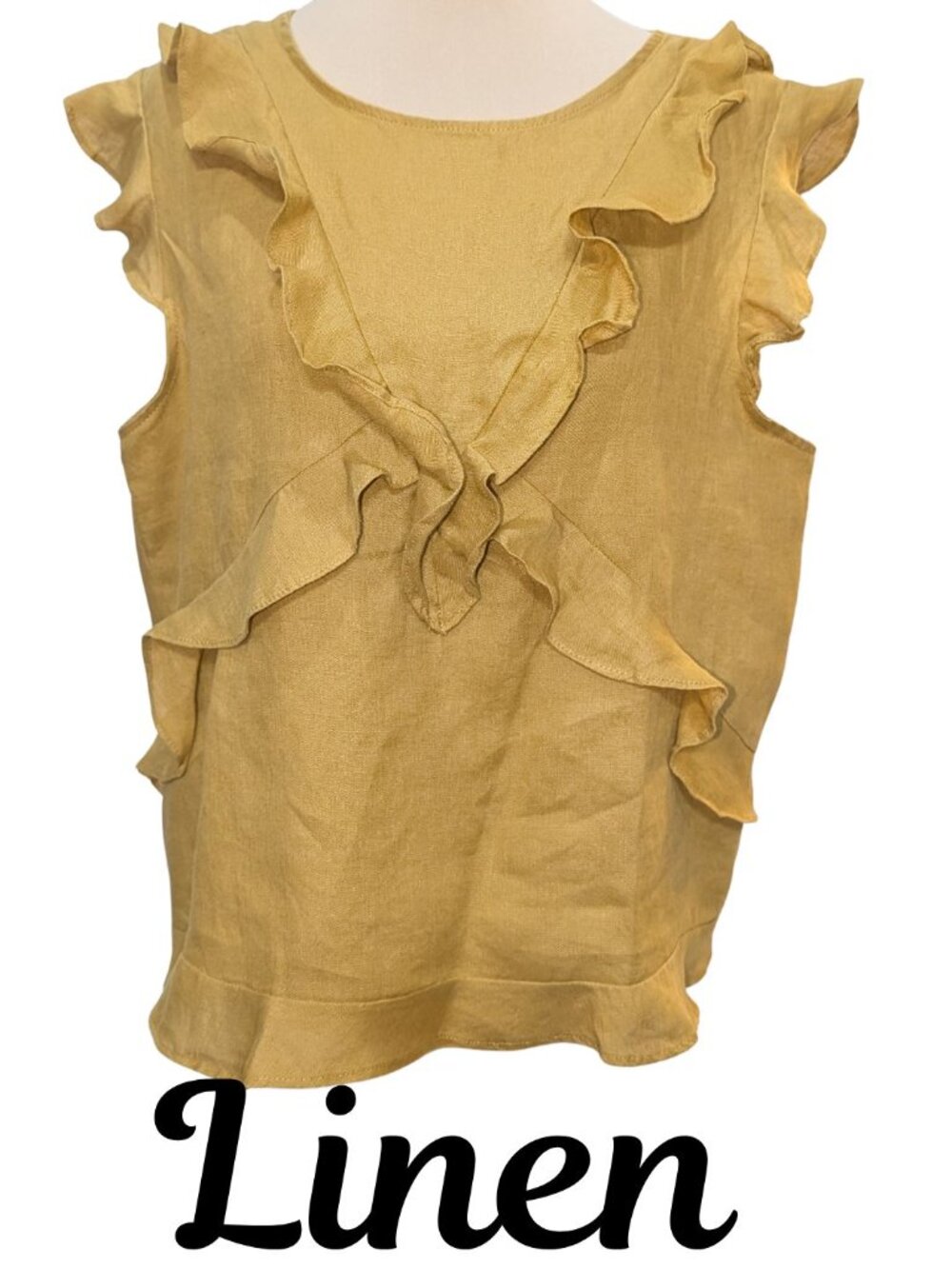 Harve Benard Pure Linen Ruffle Sleeveless Blouse Mustard Yellow Gold